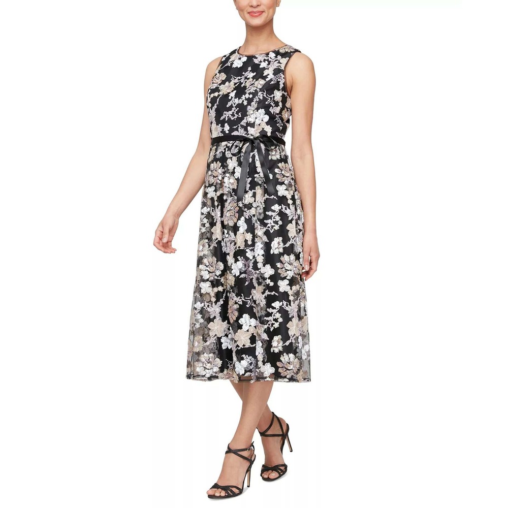 Alex‎ Evenings Sequin Floral Embroidered Sleeveless Fit & Flare Dress Size 4